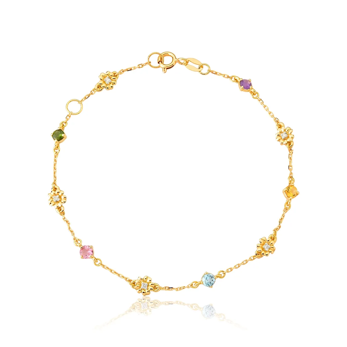Pulseira de elos com flores Gemas brasileiras e Diamantes ouro 18k Coleção Jardim Secreto