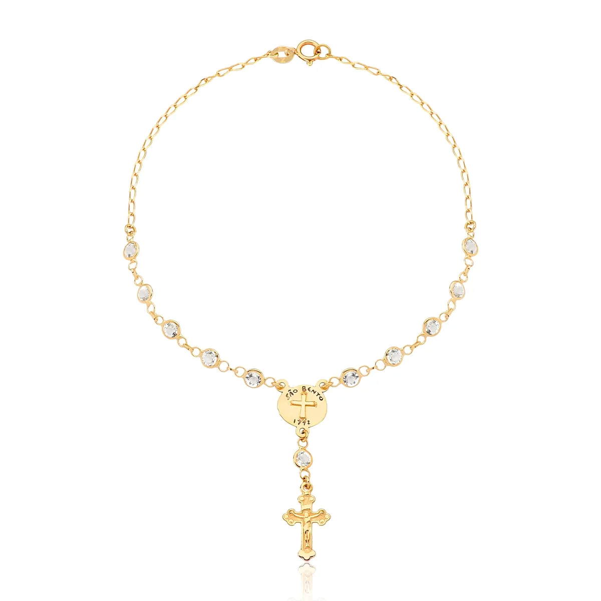 PULSEIRA DE OURO 18K MINI TERÇO COM GEMAS DE TOPÁZIO BRANCO,CRUZ E MEDALHA DE SÃO BENTO