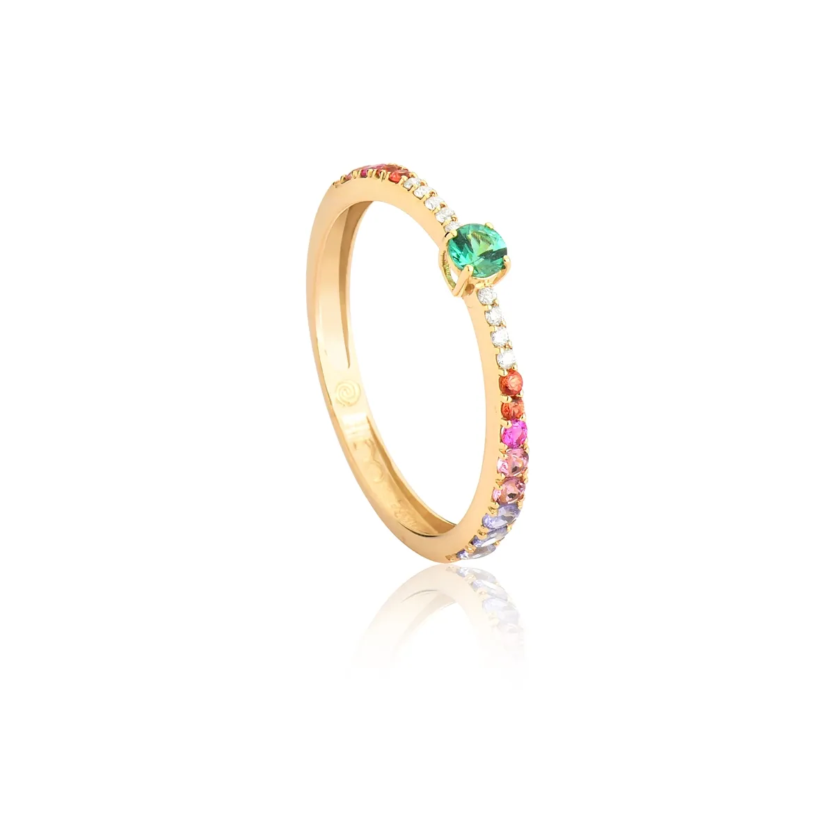 Anel de Ouro 18k Solitário Meia Aliança com Diamantes e Mix De Gemas-Coleção Paradis