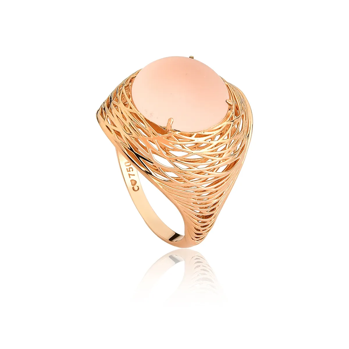 Anel Ouro rosé 18k abaulado alto ninho com gema briolet de Quartzo rosa Coleção Nido