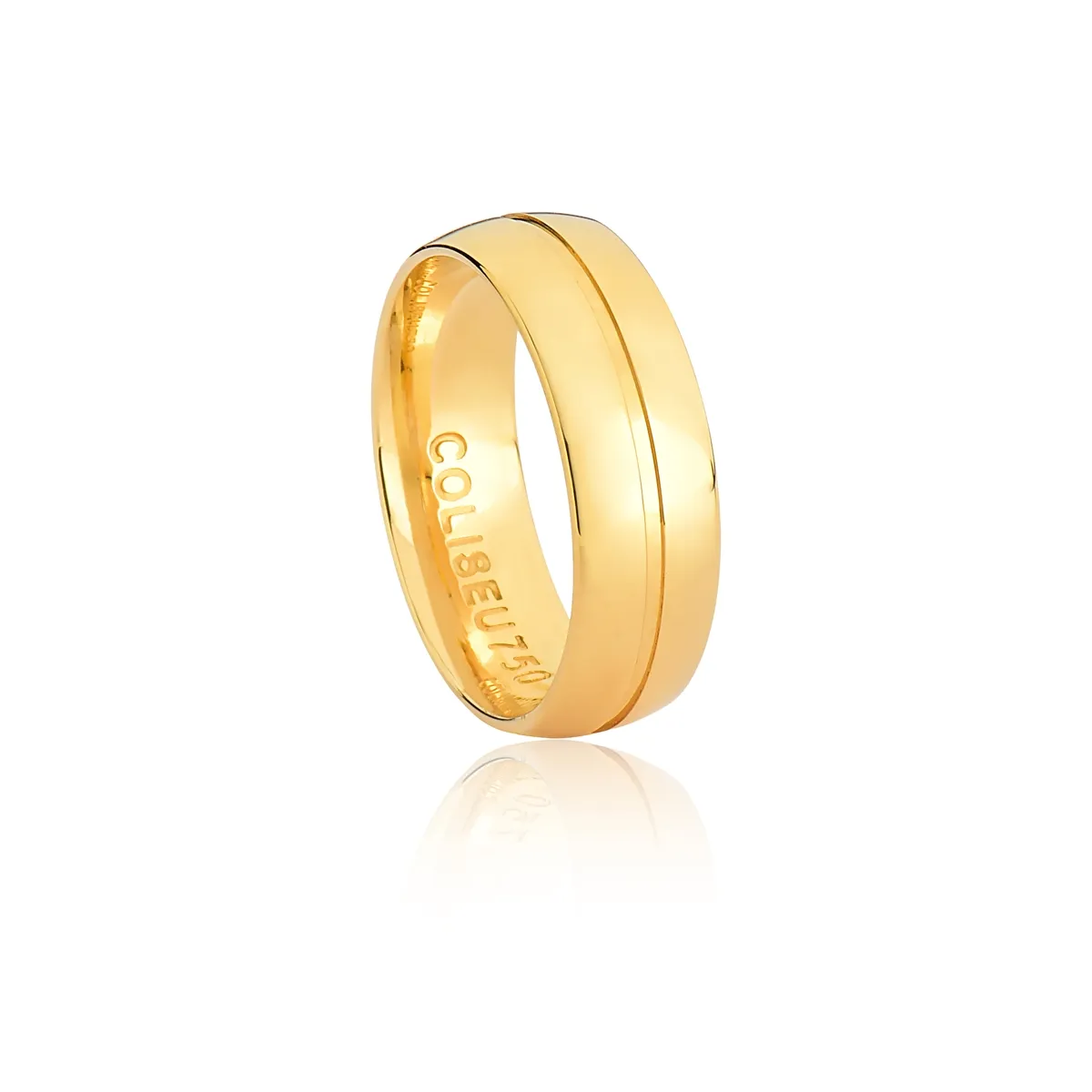 Aliança Romance anatômica meia cana ouro 18k com friso 6MM