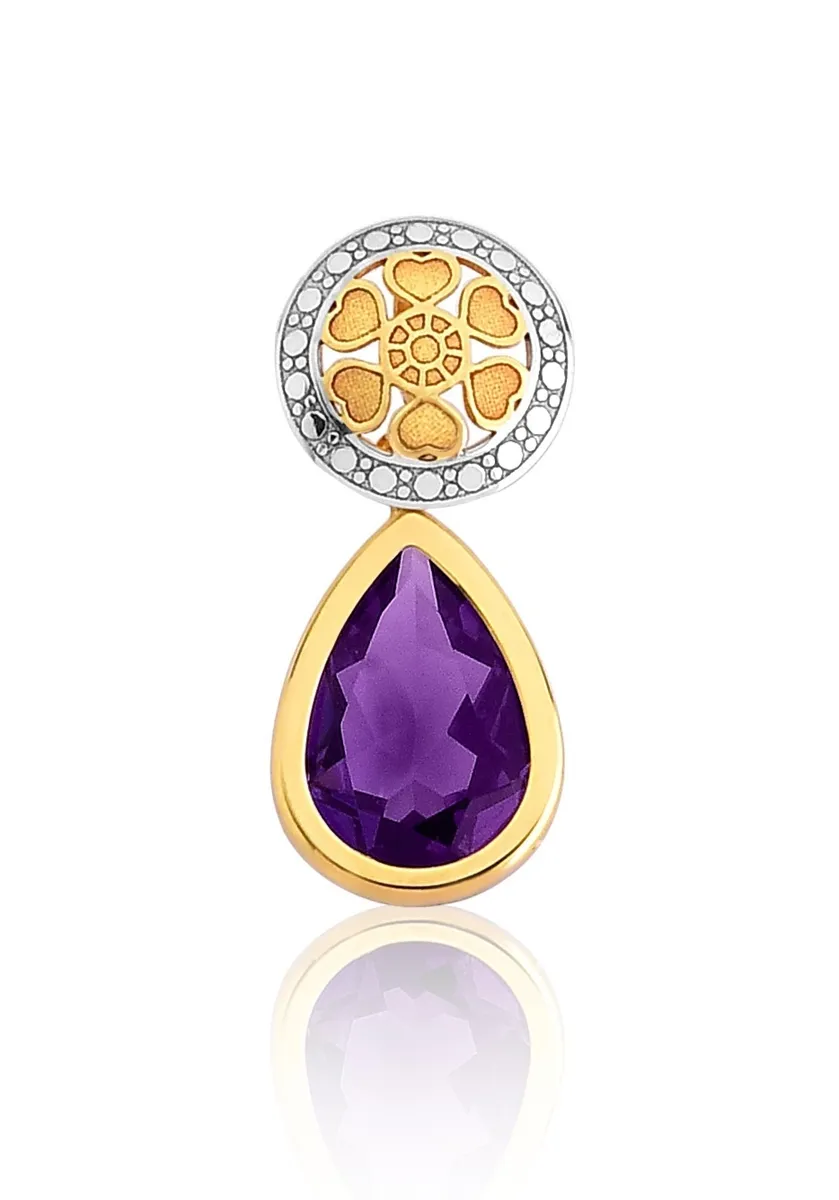 Pingente de Ouro 18k círculo corações com gota de Ametista