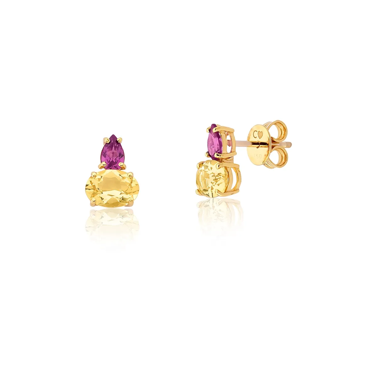 Brinco de Ouro 18k Stud com Gota Oval de Citrino e Gota de Rodolita