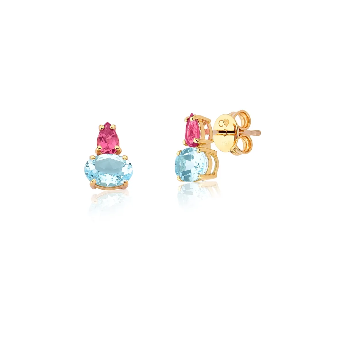 Brinco de Ouro 18k Stud Gota Oval de Topázio Sky e Gota de Turmalina Rosa