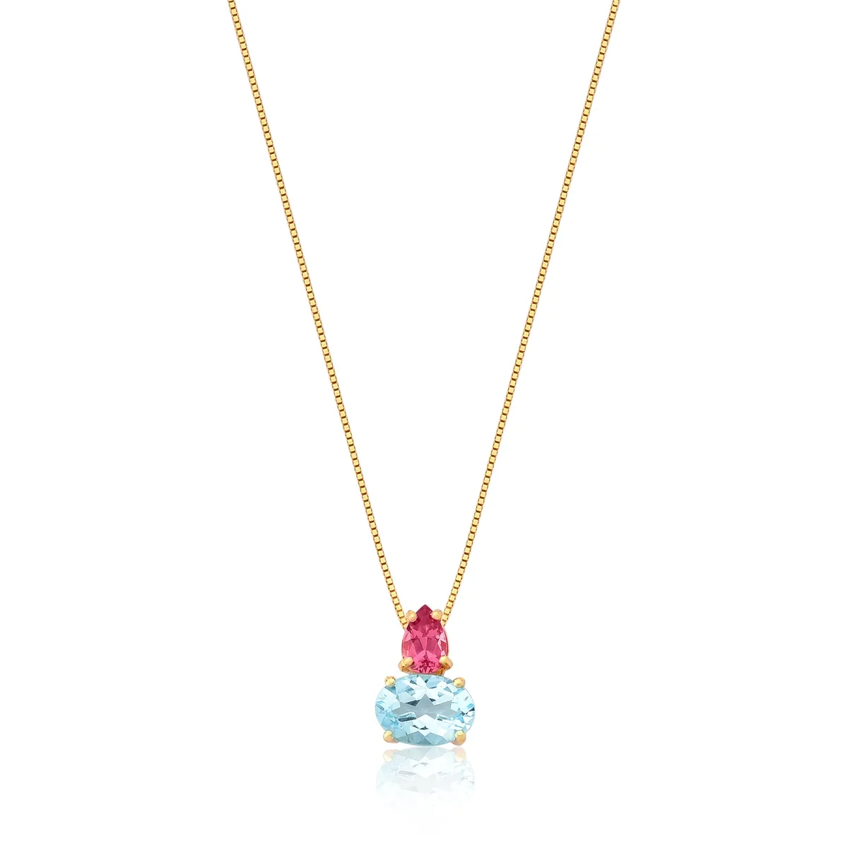 Gargantilha pingente ouro 18k gemas de Topázio Sky e Turmalina rosa