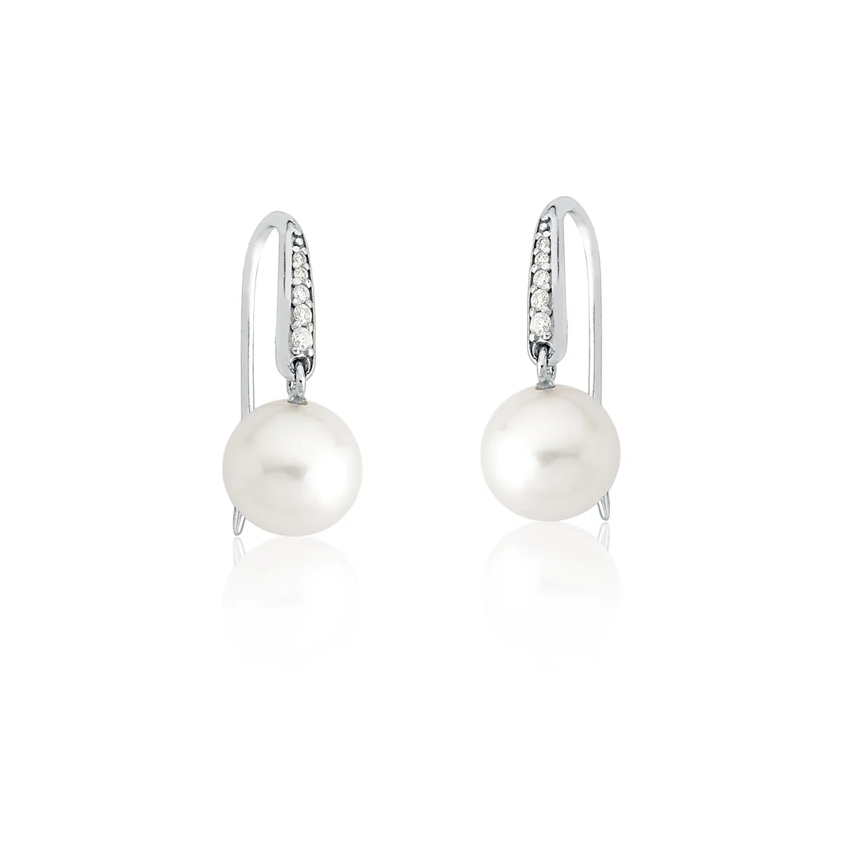 Brinco de Ouro Branco 18k Gancho com Filete de Diamantes e Pérolas