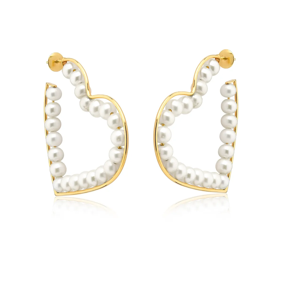 Brinco de Ouro 18k Argola Coração com Pérolas