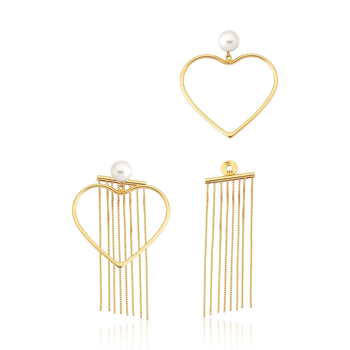 Brinco coração franja fios ouro amarelo 18k com Pérola