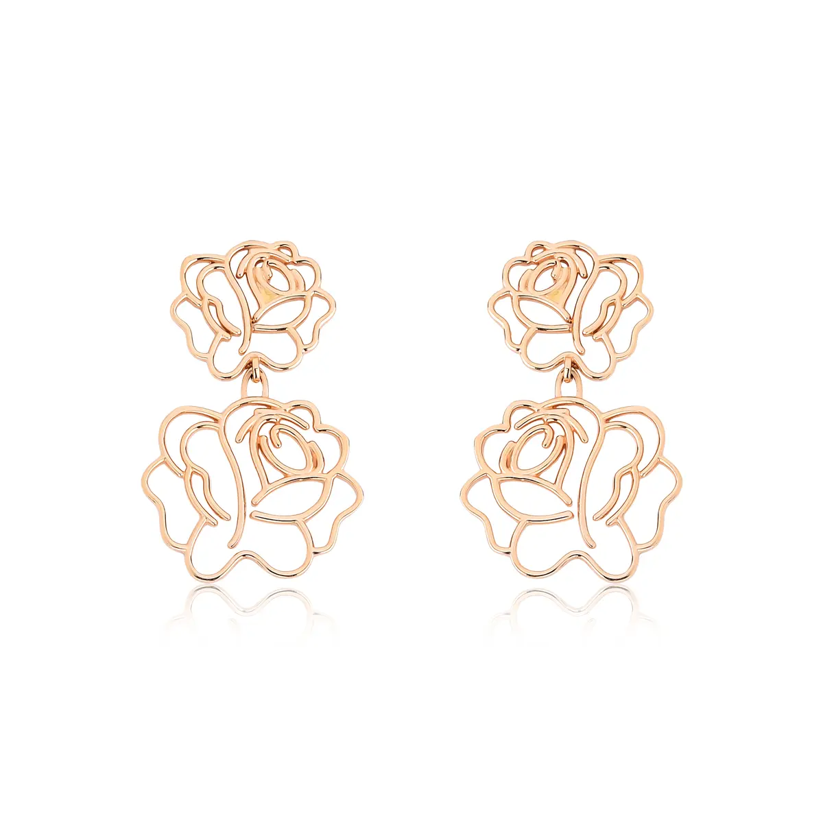 Brinco pingente flor vazada ouro rosé 18k Coleção Camélia