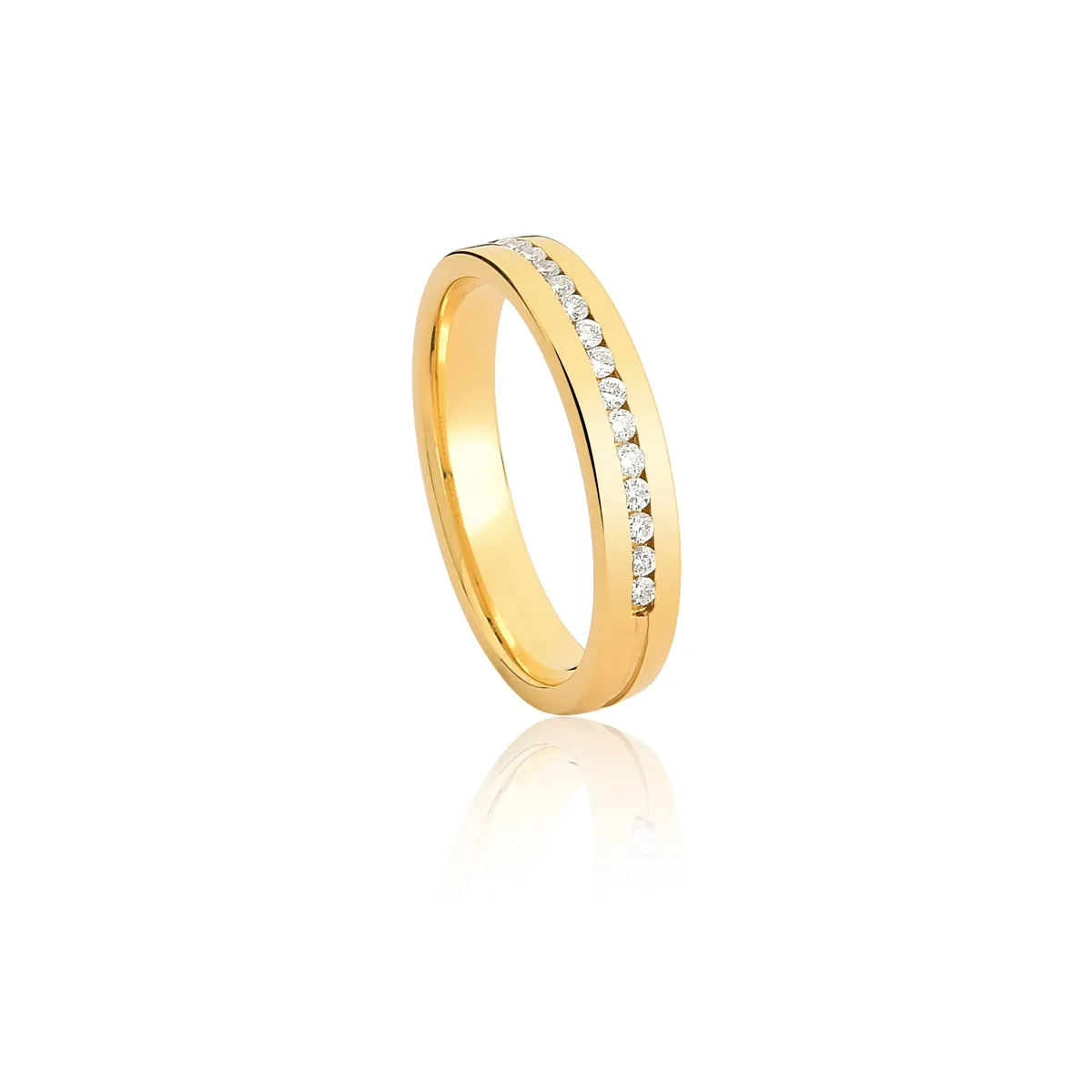 Aliança Romance anatômica meia cana friso ouro 18k com 20pts de Diamante 3,5MM