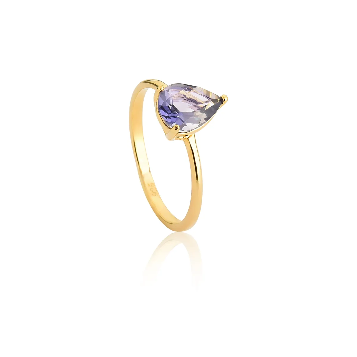 Anel de Prata 925 Dourado Aro com Gota de Gema Iolita-For Me