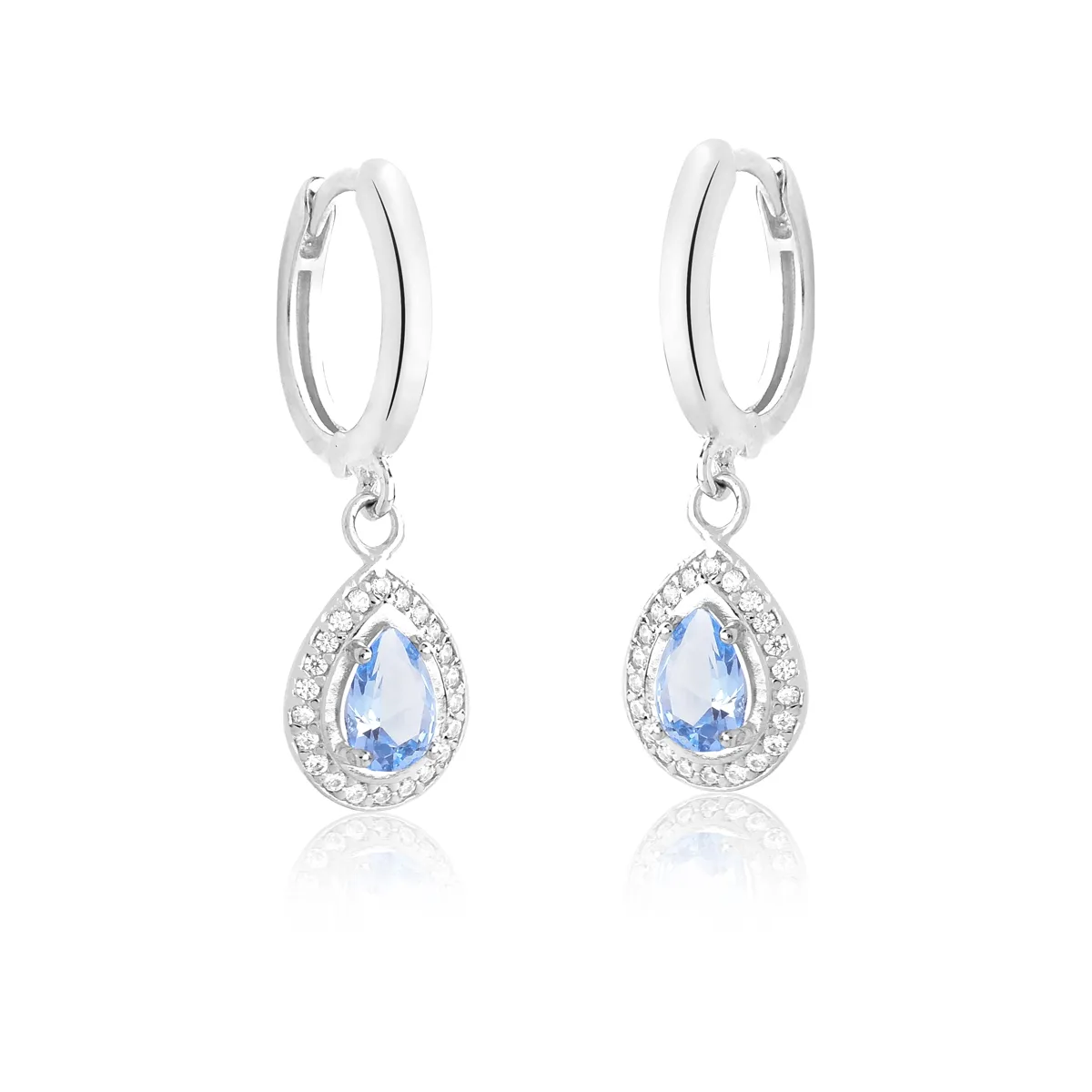 Brinco argola prata 925 rodinada pingente gota Zircônias azul claro e brancas For me Attic