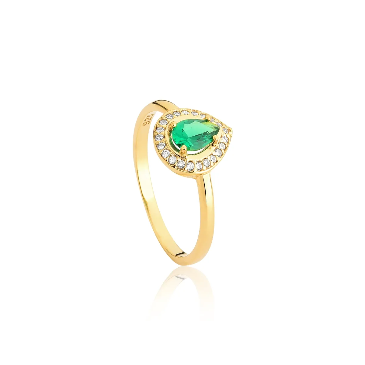 Anel de Prata 925 Dourado Aro com Gota de Zircônia Verde e Brancas-For Me
