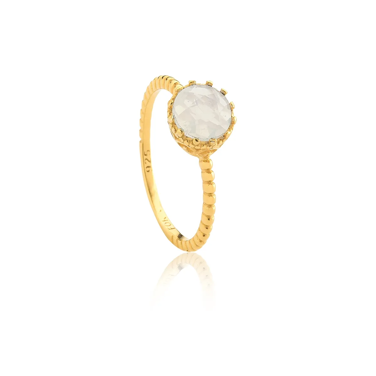 Anel de Prata 925 Dourado Aro Bolinhas com Gema Redonda de Pedra da Lua-For Me