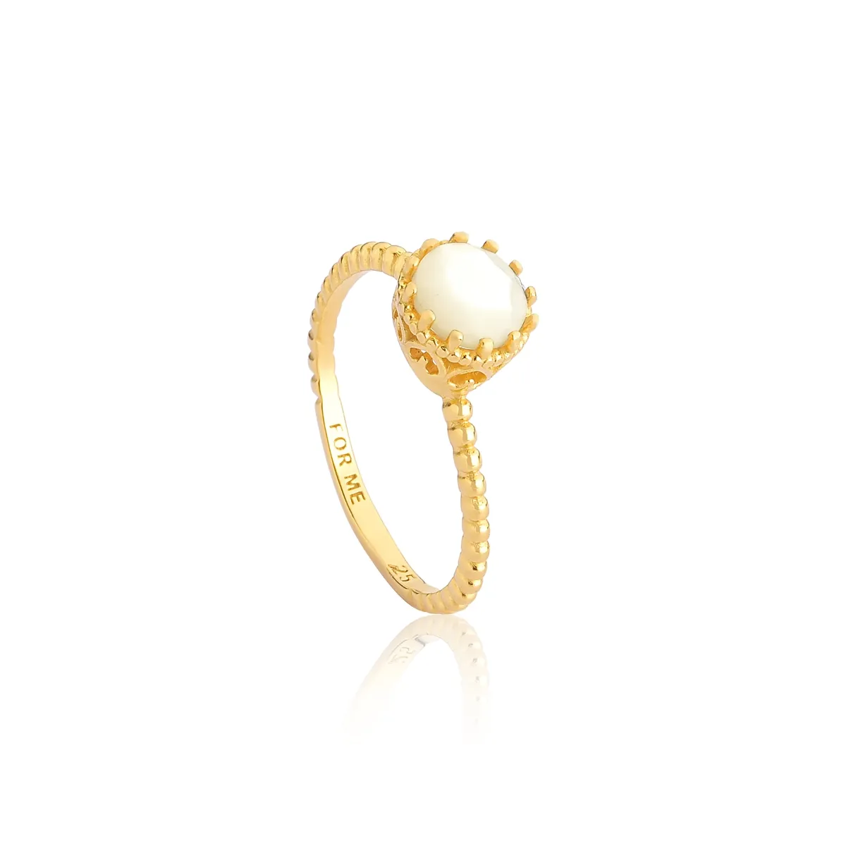 Anel de Prata 925 Dourado Aro Bolinhas com Gema Redonda de Madrepérola-For Me