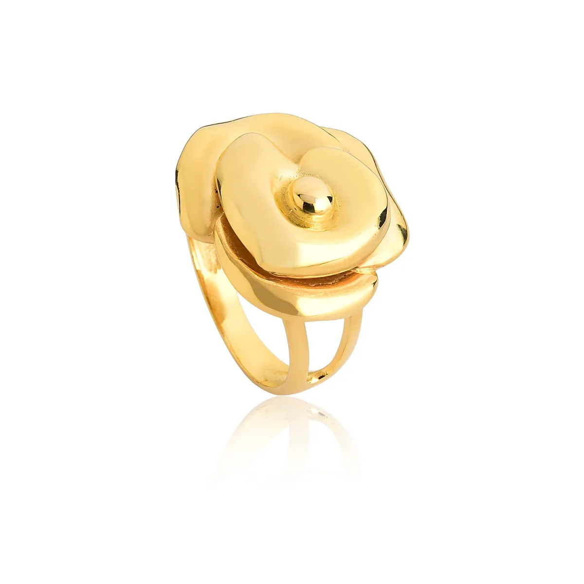 Anel de Prata 925 Dourado Flor Camélia Polida-Coleção Camélia in Argento