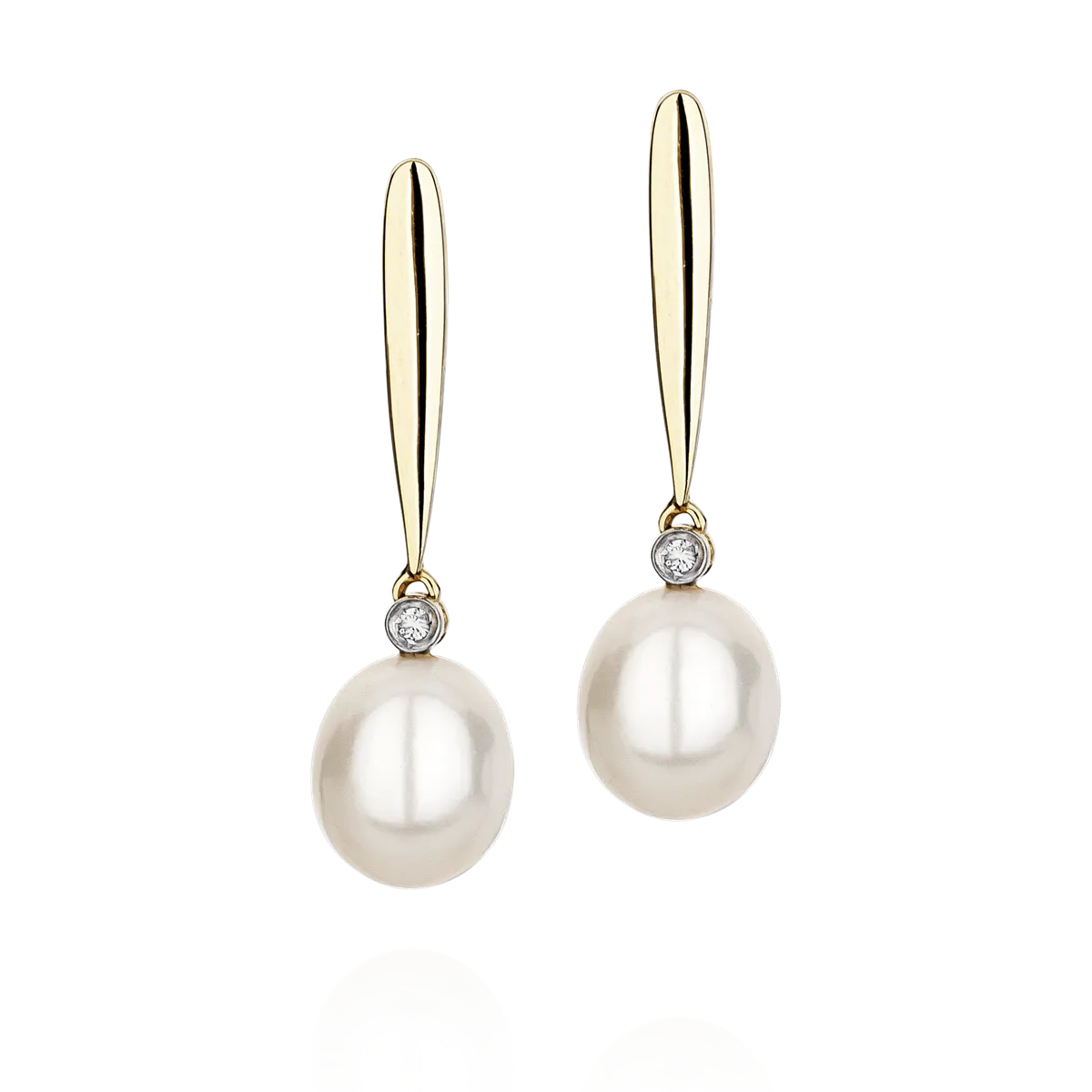 Brinco de Ouro 18k Gota Pingente Polido com Pérola e Diamante