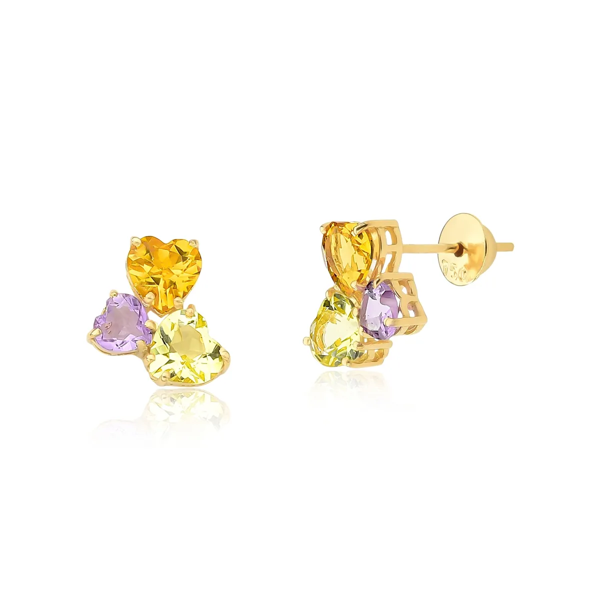 Brinco ouro amarelo 18k corações mix de Gemas brasileiras