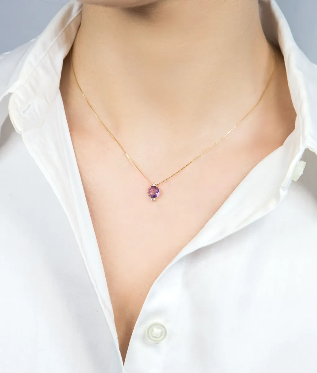 Colar ouro 18k gargantilha com pingente de Ametista e Topázio branco