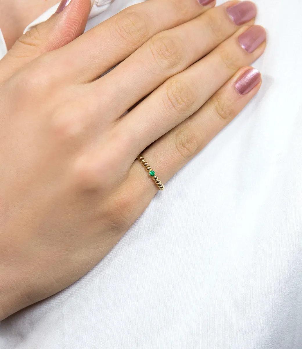 Anel de Ouro 18k aro bolinhas com gema de esmeralda