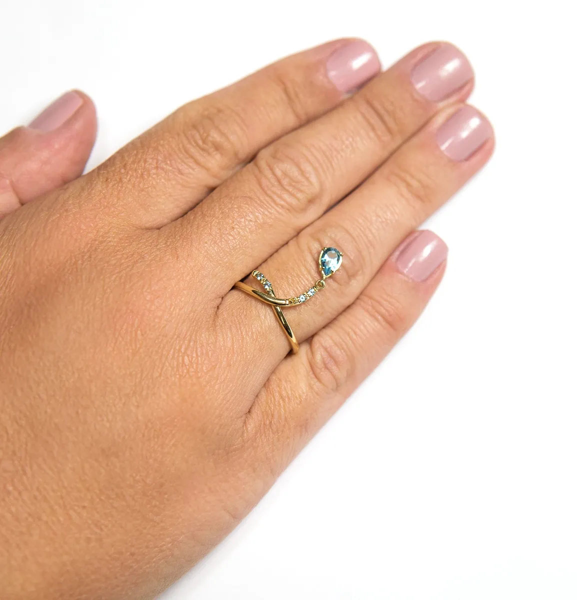 Anel de Ouro 18k Aro Cruzado com Gota de Topázio Azul