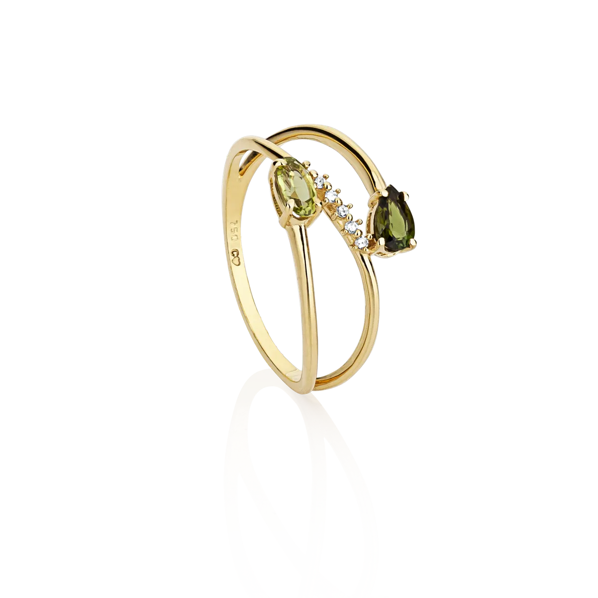 Anel de Ouro 18k  Aros Abertos Vazados com Gemas Verdes e Diamantes