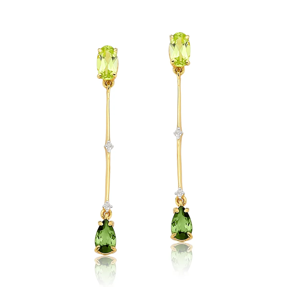 Brinco de Ouro 18k Drop Earrings Palito com Mix Gemas Verdes e Diamante