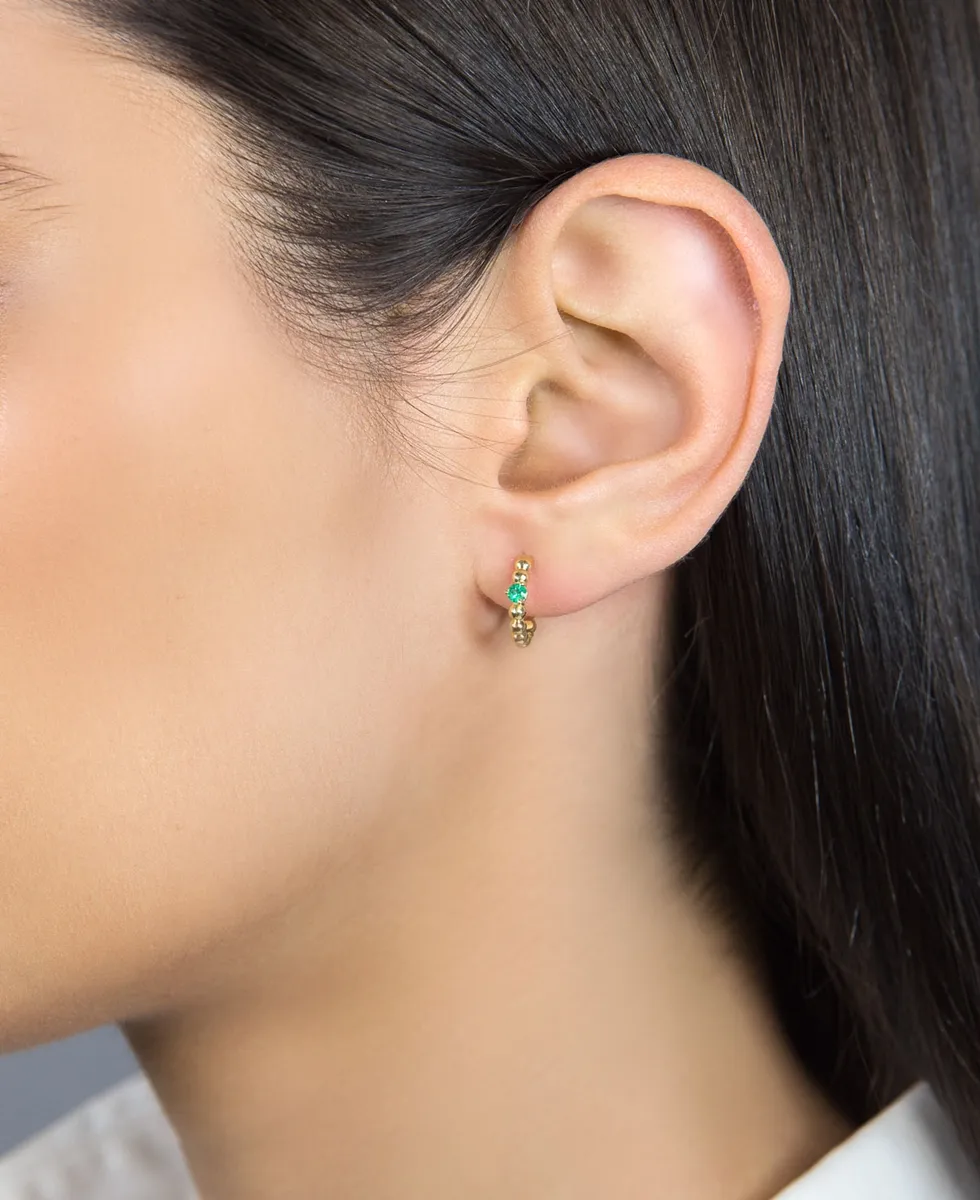 Brinco de Ouro 18k argola bolinhas polidas com gema de esmeralda