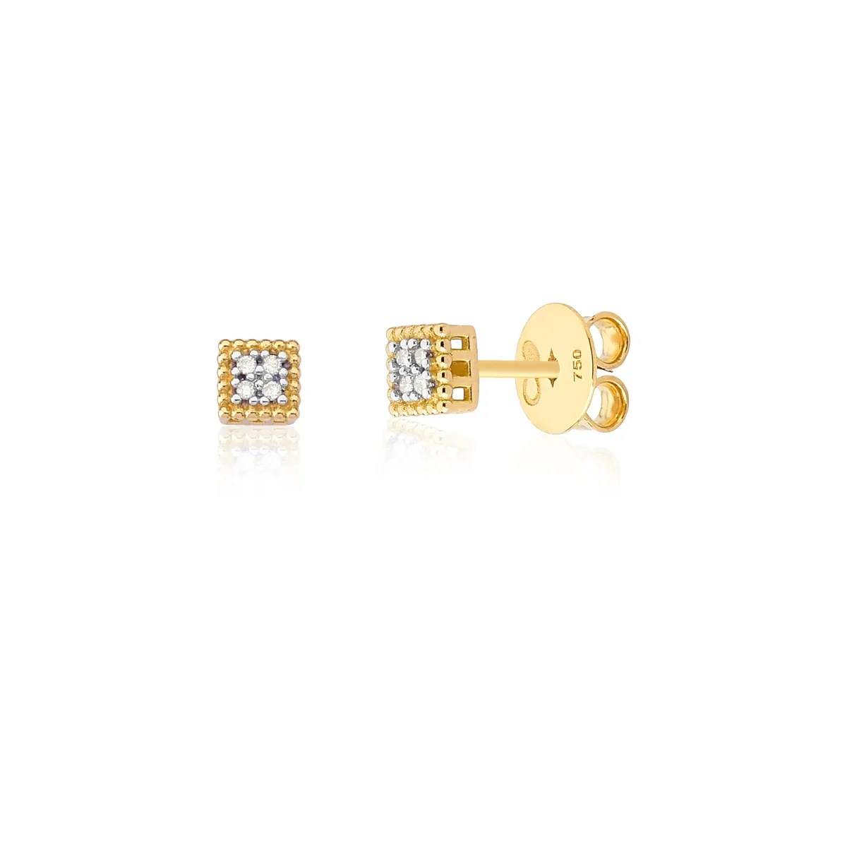 Brinco Gifts Stud quadrado bolinhas ouro 18k com 4pts de Diamantes