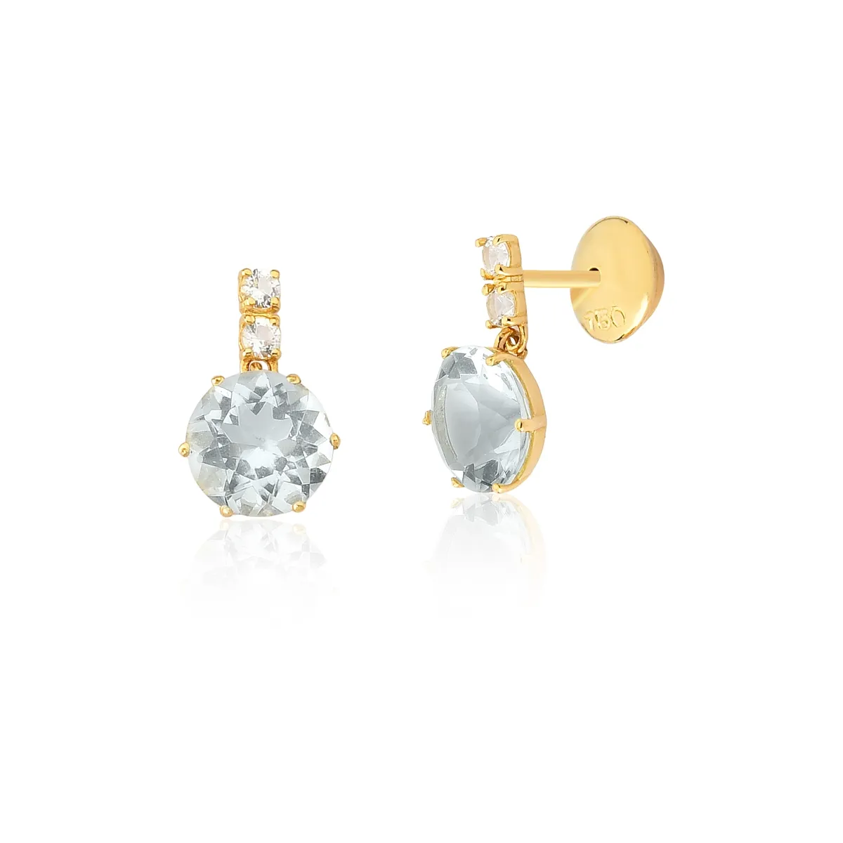 Brinco de Ouro 18k Filete de Topázios Brancos e Gema Redonda Facetada de Topázio Sky