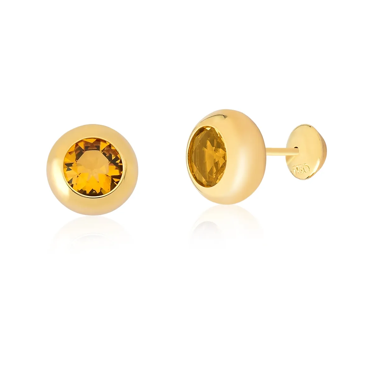 Brinco de Ouro 18k Círcolo Stud de Gema Redonda Citrino Honey