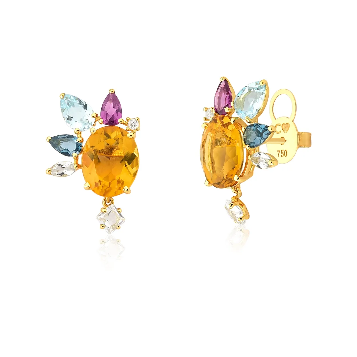 Brinco Stud de Citrino com Gemas brasileiras e Diamantes ouro 18k Coleção Artsys