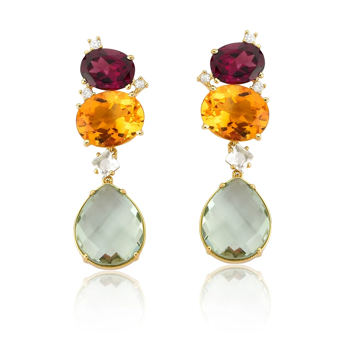 Brinco Artsys gota briolet Prasiolita ouro 18k mix de gemas com Diamante