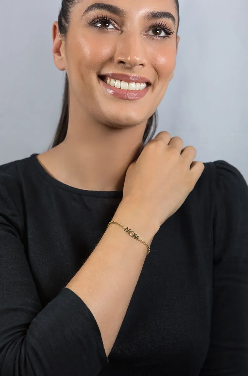 Pulseira Wow Mom elos portugueses ouro 18k com monograma Mom 18cm