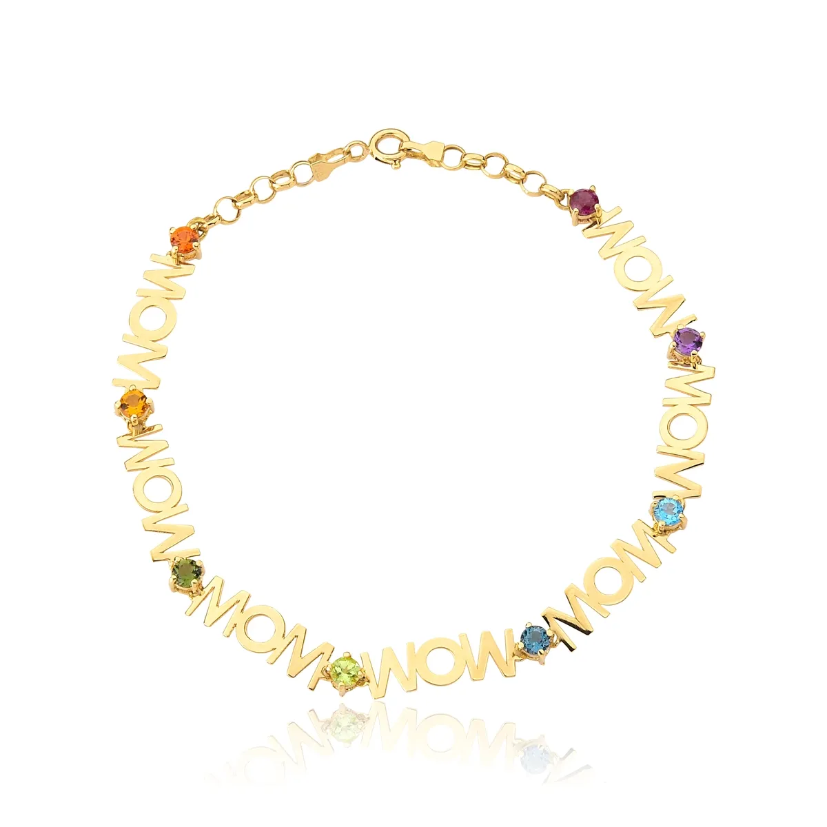 Pulseira monograma Wow Mom ouro 18k intercalada com Gemas brasileiras