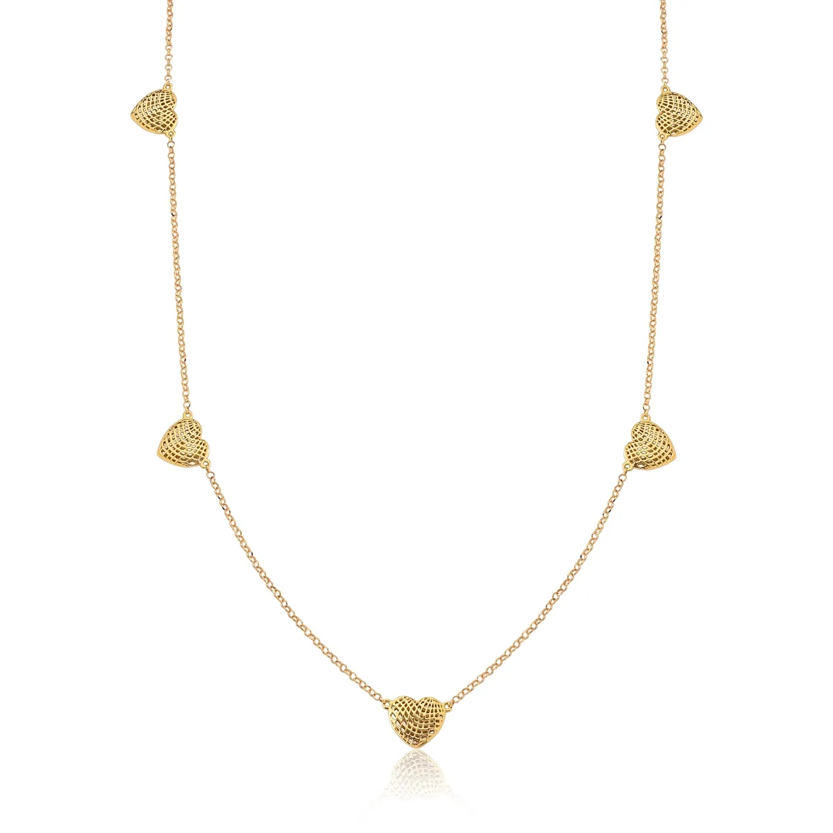 Gargantilha Too Love corrente ouro 18k cinco pingente corações rendados
