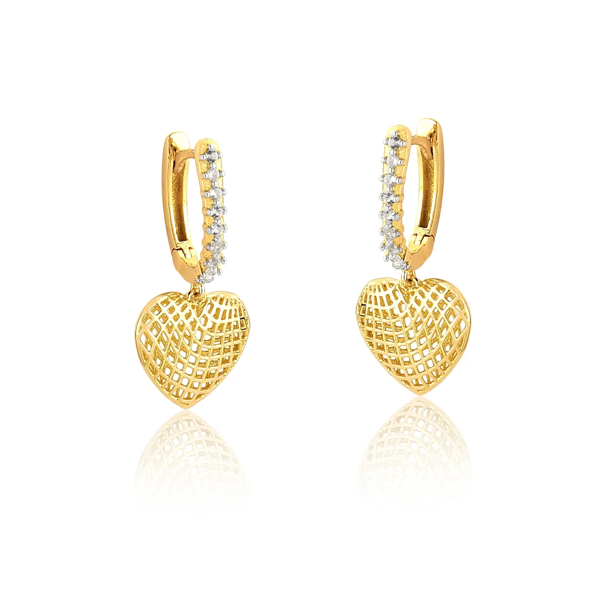 Brinco Too Love argola oval com Topázios brancos ouro 18k coração rendado