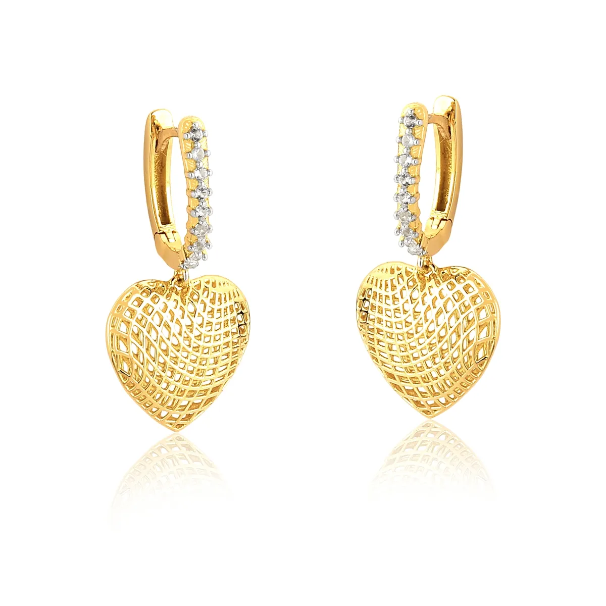 Brinco Too Love argola com Topázios brancos ouro 18k coração rendado