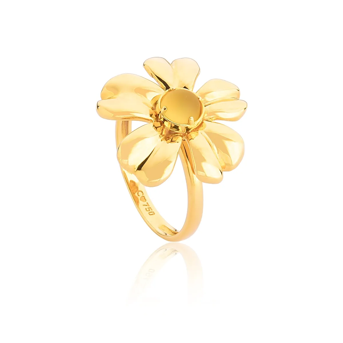 Anel flor polida com cabochon de Citrino jateado ouro 18k Coleção Jardim Secreto