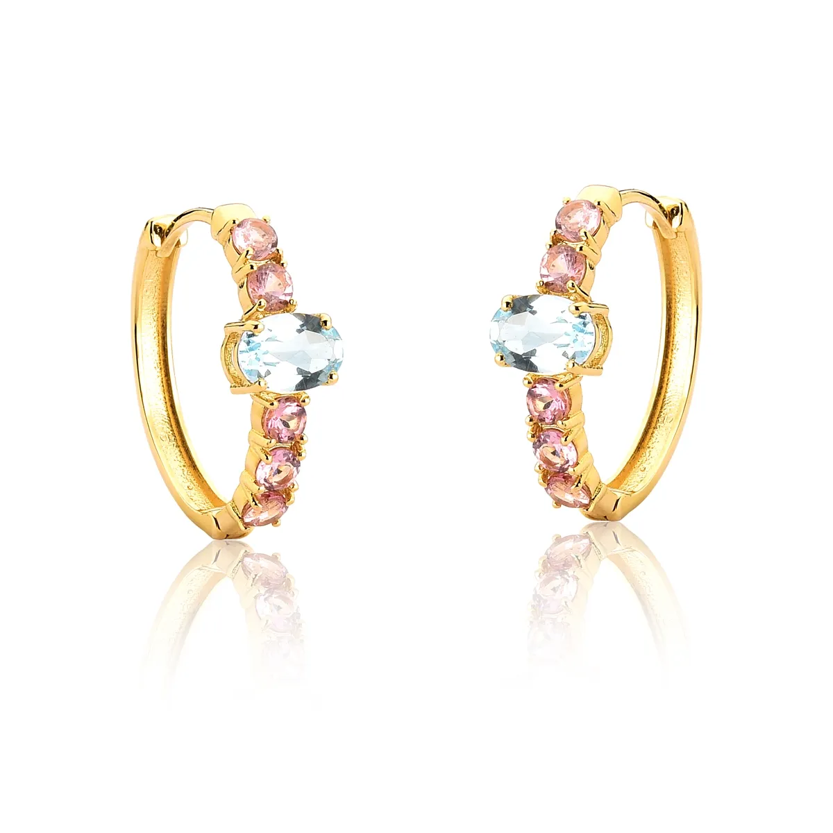 Brinco argola click ouro 18k com gemas de Topázio Sky e Turmalina Rosa