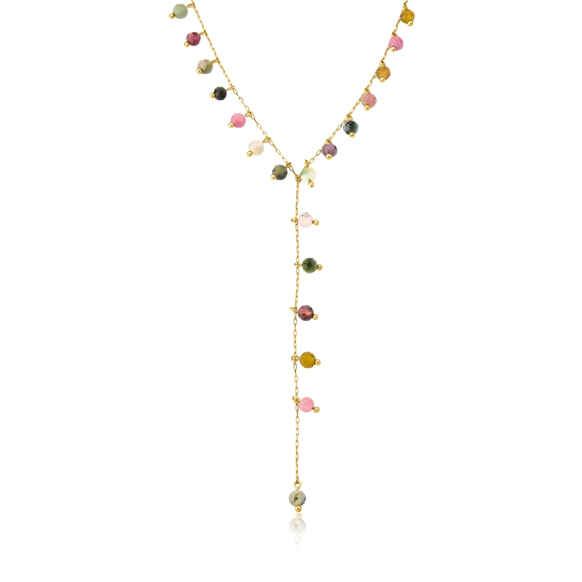 Colar de Ouro 18k Gravatinha com Mix Gemas Turmalinas Coloridas-40CM