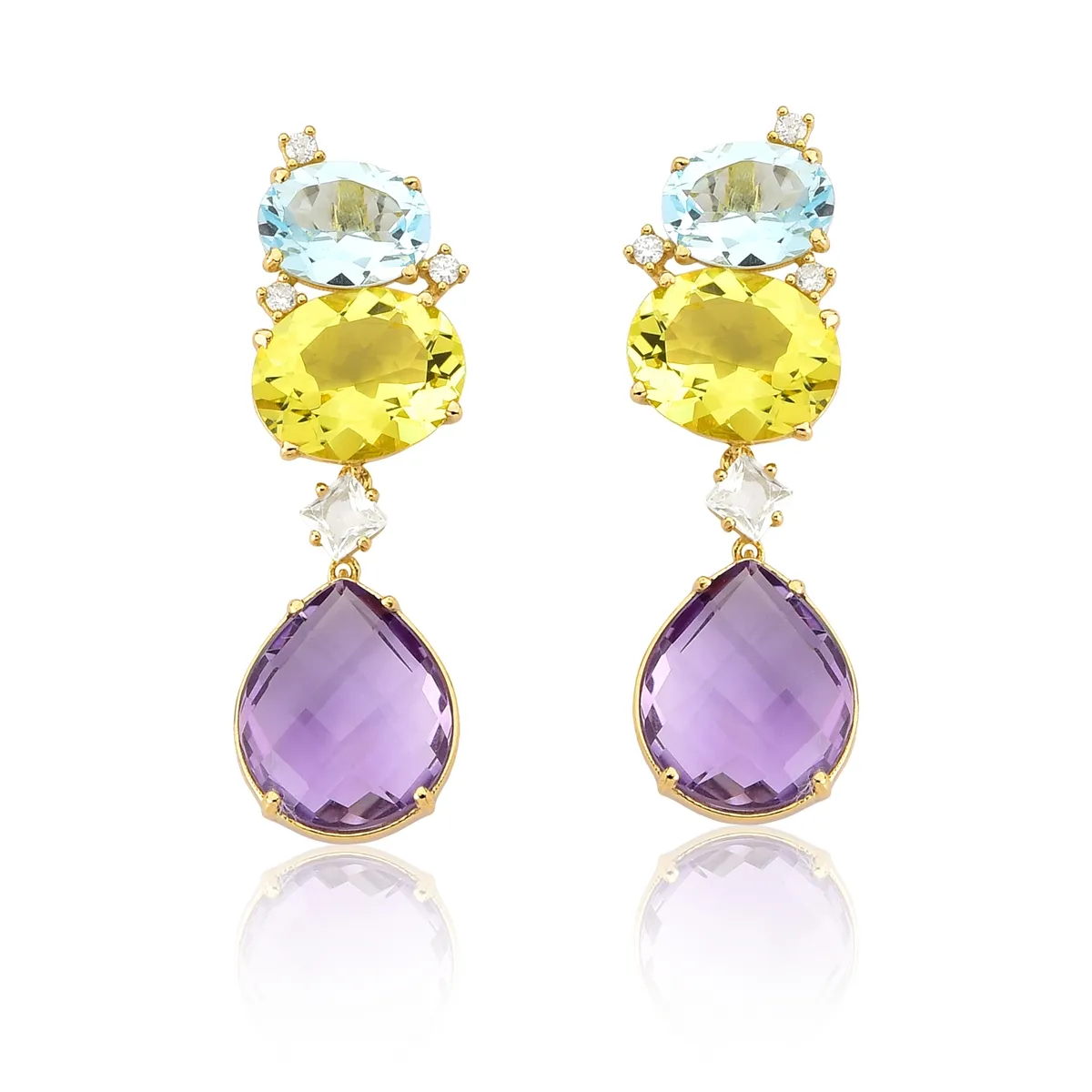 Brinco Drops de Ametista com Gemas brasileiras e Diamantes Coleção Artsys