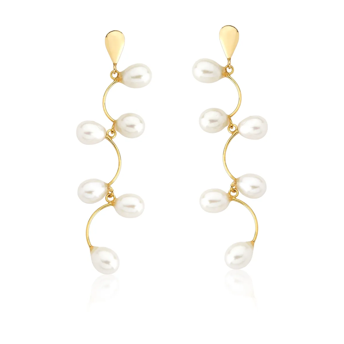 Brinco Essentials pingente galho ouro 18k folhas de Pérolas Biwa