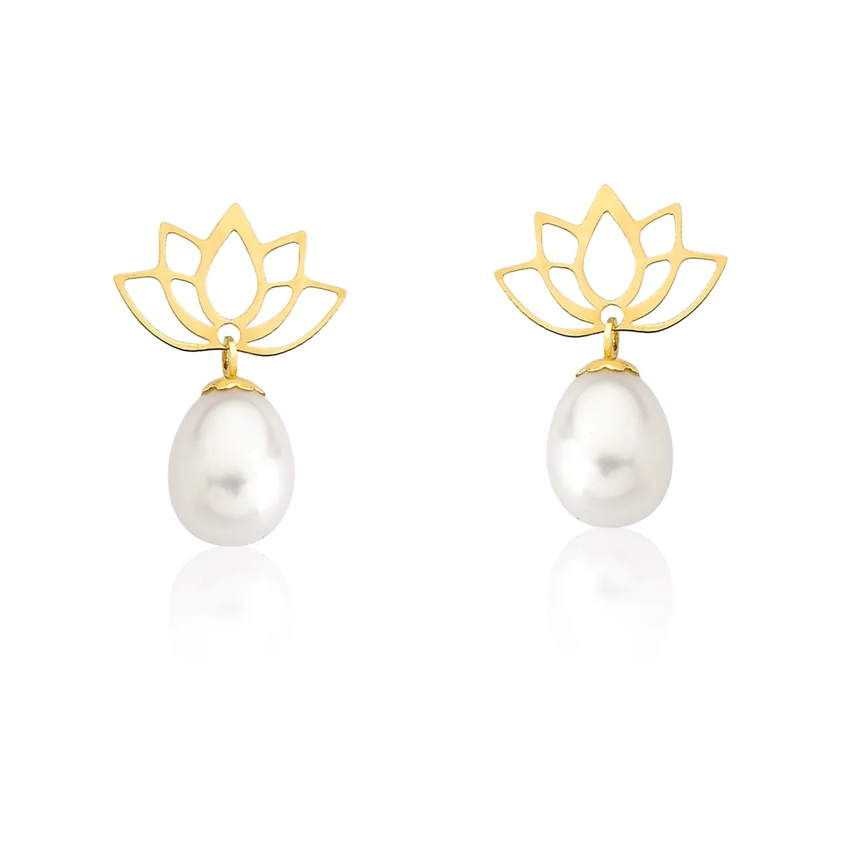 Brinco de Ouro 18k Base Flor de Lótus e Pingente Gota de Pérola Biwa
