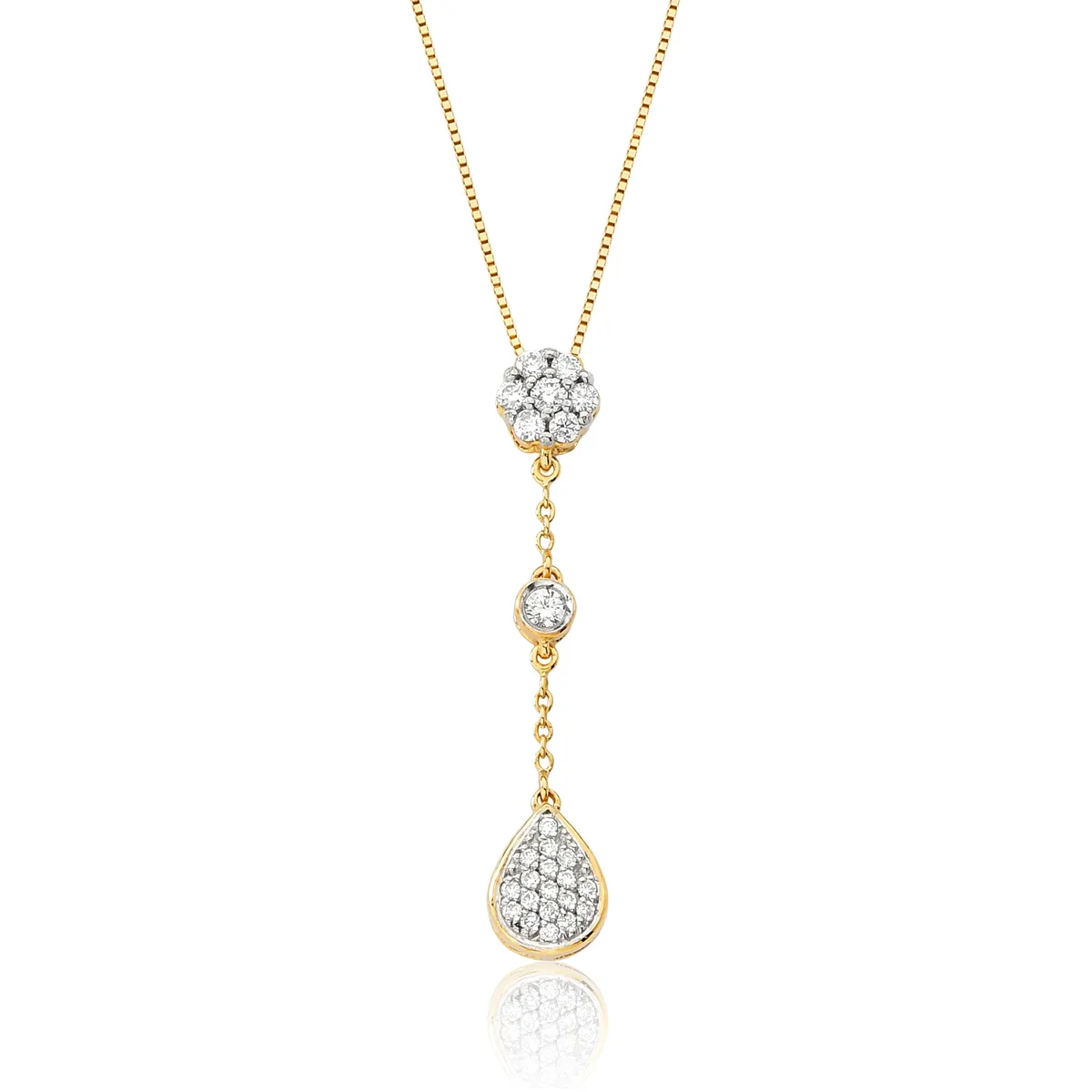Colar de Ouro 18k Veneziana com Flor e Gota de Diamantes Rodinados-Coleção Diamond Flowers