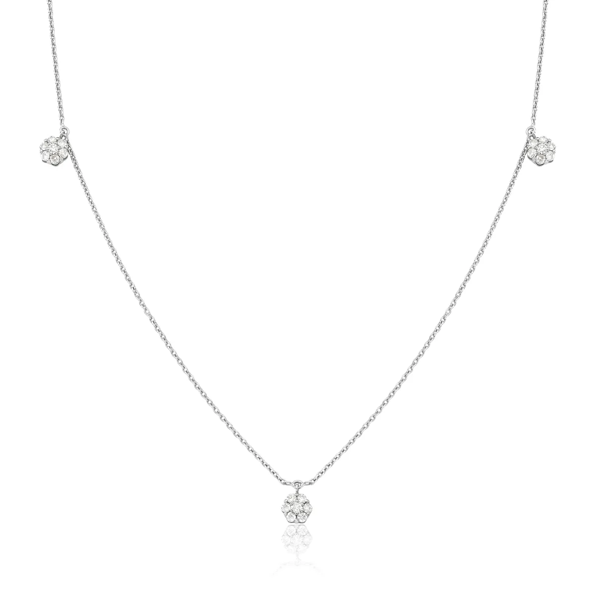 Colar de Ouro Branco 18k com Três Flores de Diamantes Rodinados-Coleção Diamond Flowers