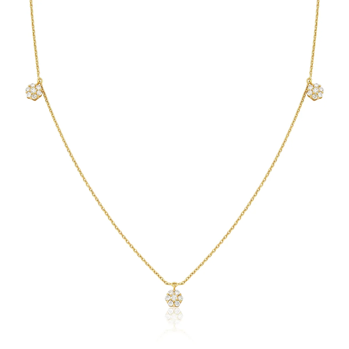 Colar de Ouro 18k com Três Flores de Diamantes Rodinados-Coleção Diamond Flowers