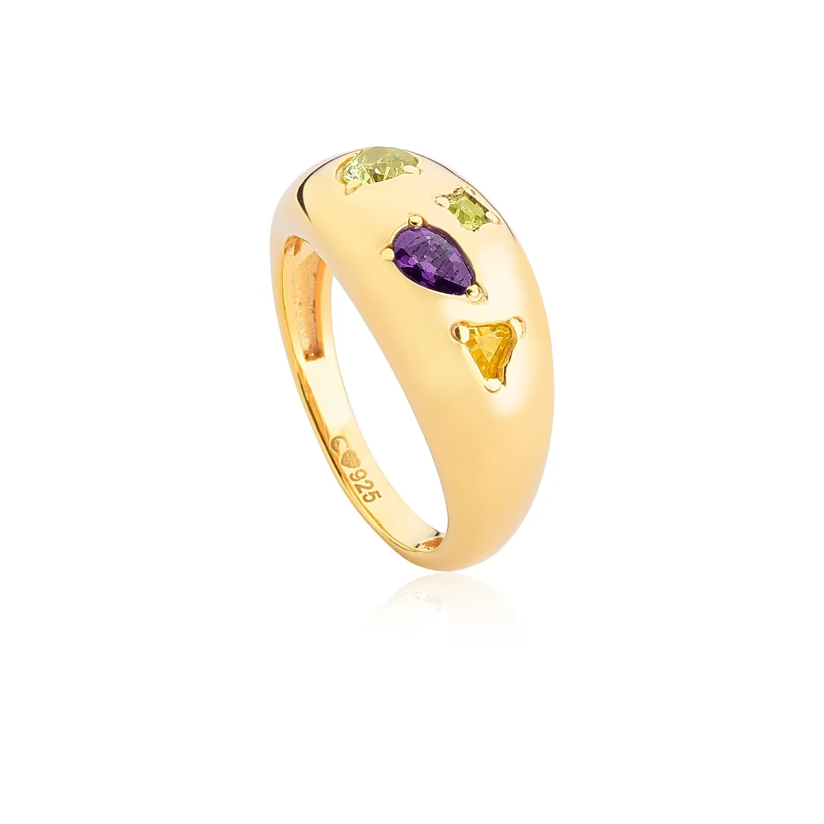 Anel de Prata 925 Dourado Aro Polido com Mix de Zircônias Coloridas-Coleção Inizio Gems