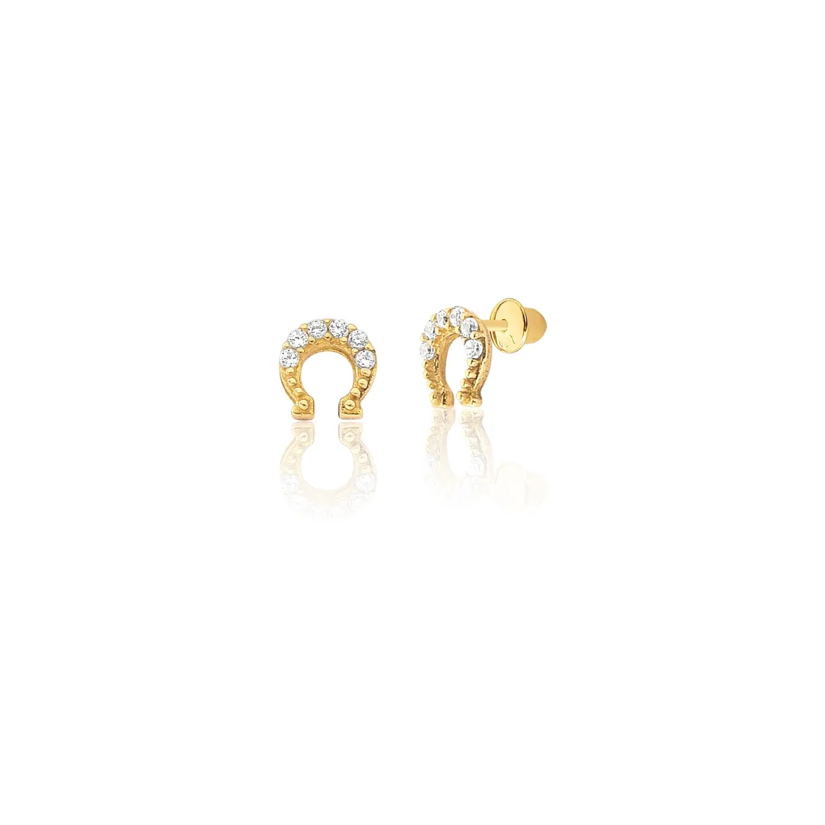 Brinco de Ouro 18K Stud Ferradura com Zircônias Brancas