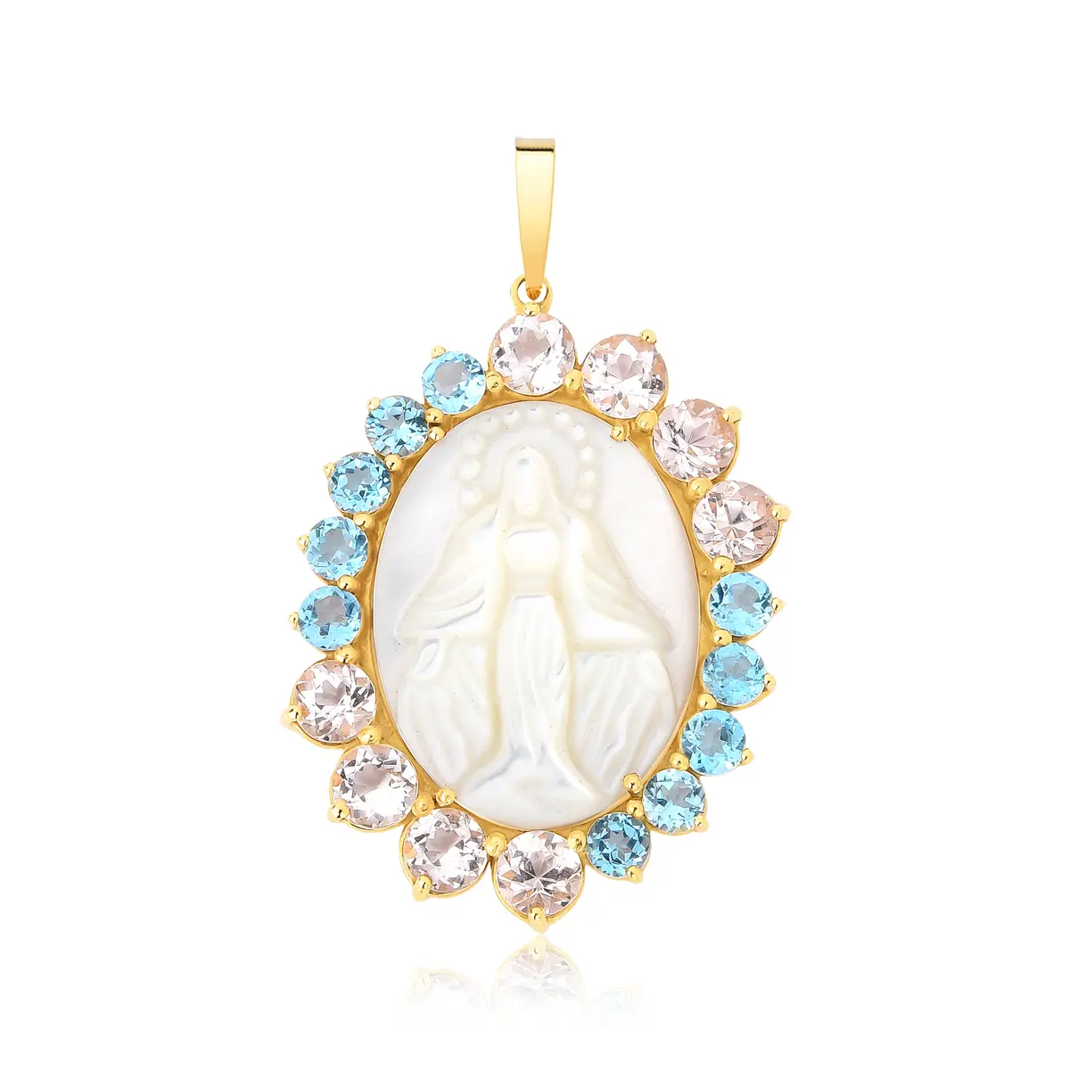 Pingente N.S.das Graças de madrepérola ouro 18k com Gemas brasileiras